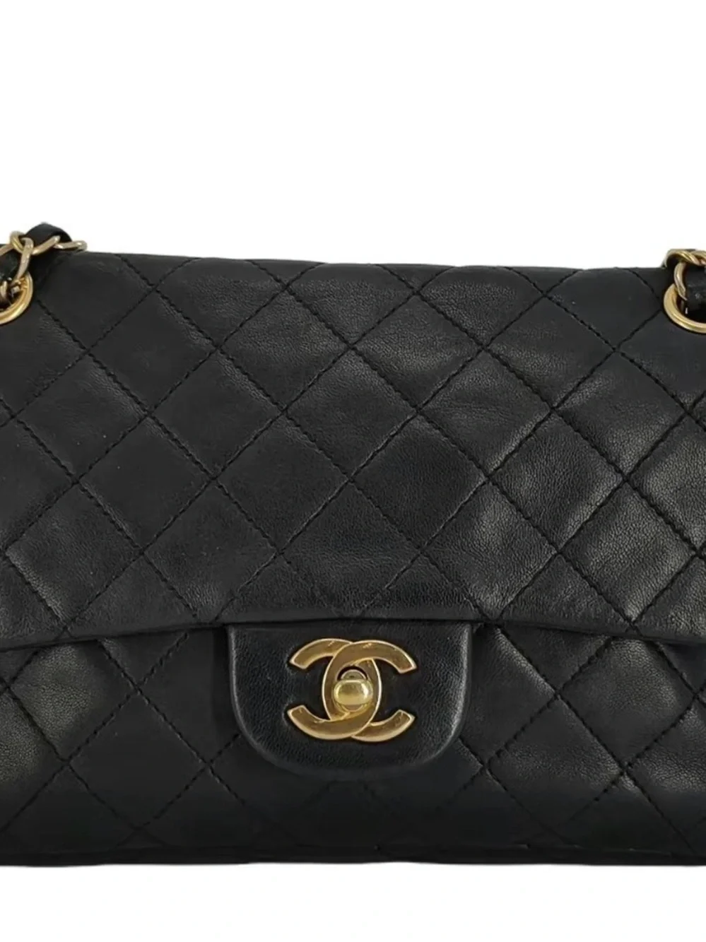 Authentic CHANEL Black Quilted Lambskin Shoulder Bag with Gold Hardware